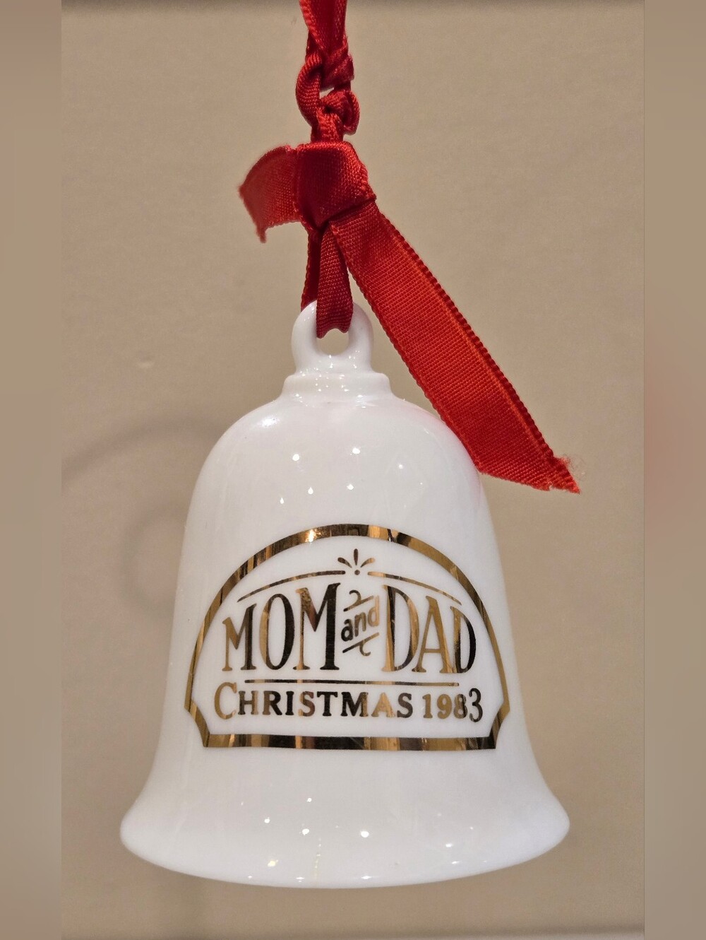 Hallmark White and Red Mom and Dad Christmas 1983 Bell Ornament